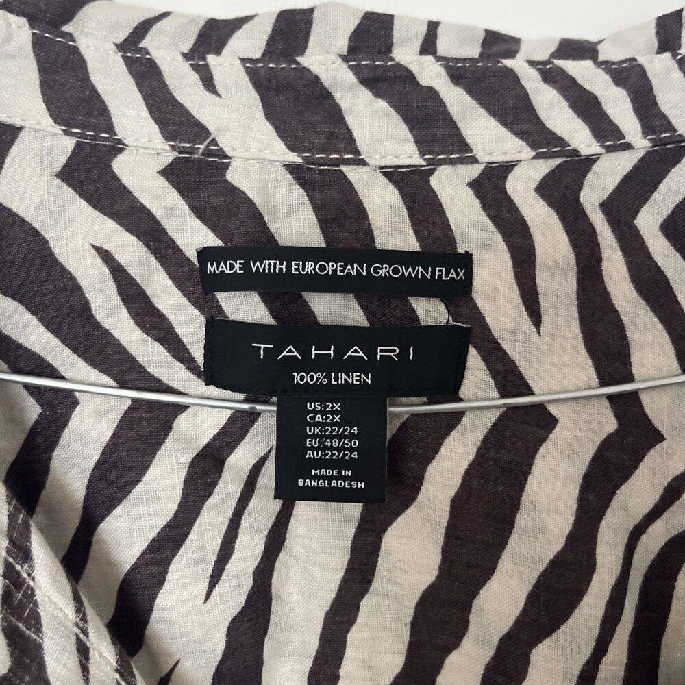 Tahari 100% Linen Button Up Shirt 2X Zebra Stripe Brown Coastal European Flax - Picture 3 of 6